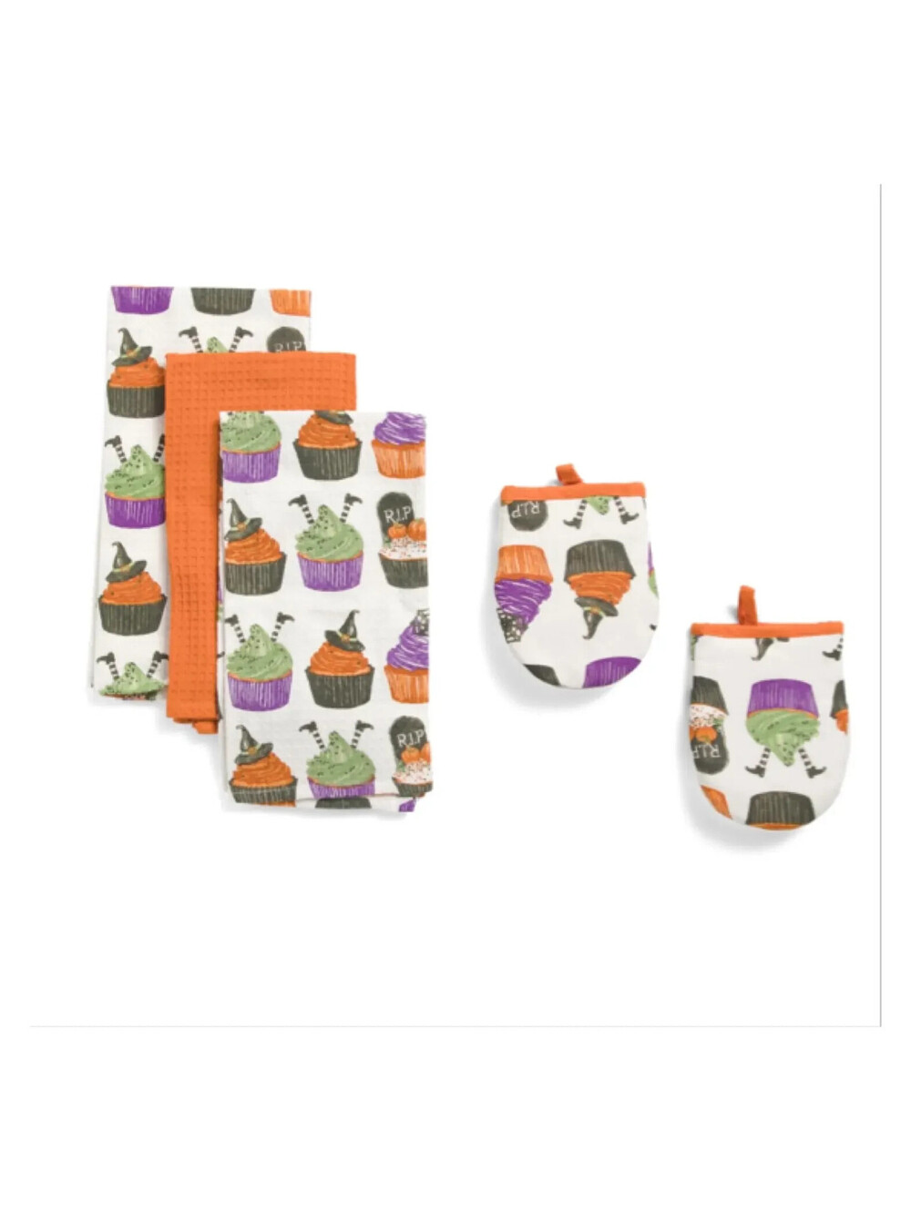 HALLOWEEN CUPCAKES 5 PIECE KITCHEN TOWELS AND OVEN MITTS SET ORANGE MULTI NEW